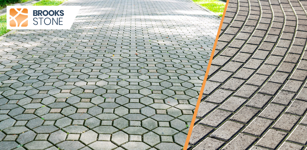 Close-up of a patterned precast concrete paving design