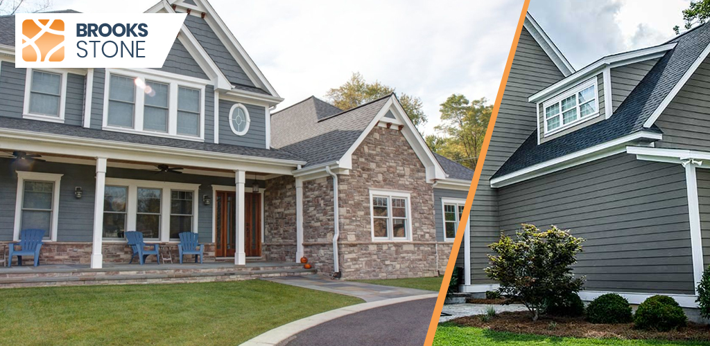 Close-up view of stone siding and vinyl siding comparison on a home wall.