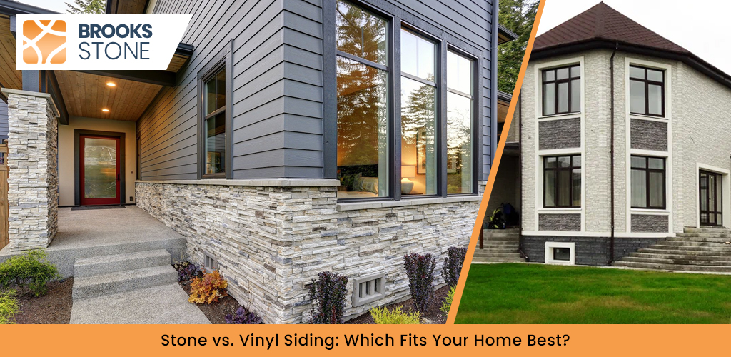 Side-by-side comparison of stone siding and vinyl siding on a house exterior.