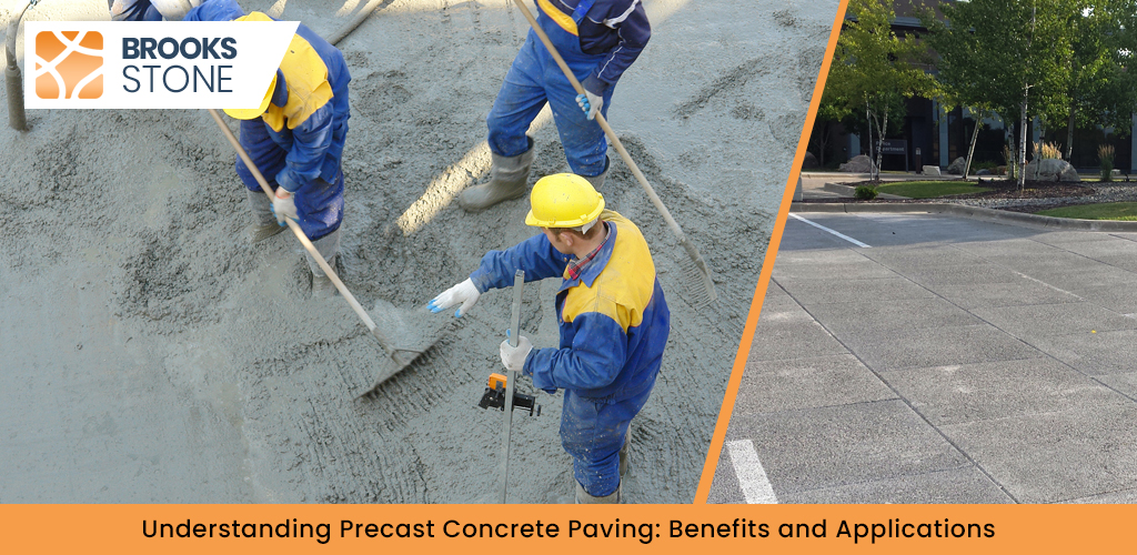 Workers installing precast concrete pavers on a driveway